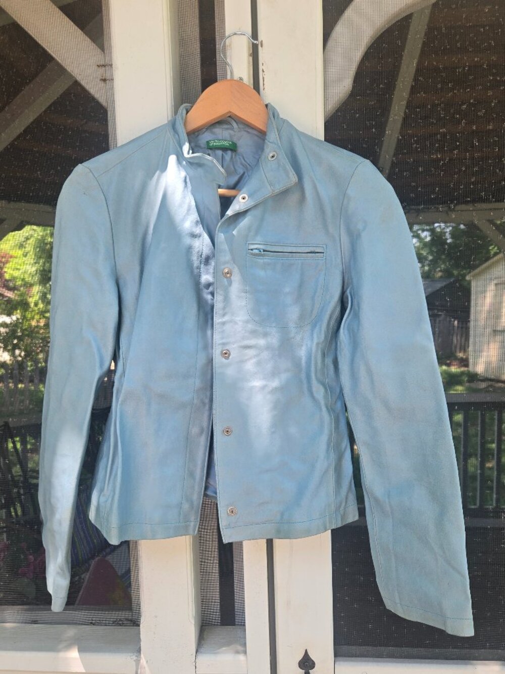 Vintage United Colors of Benetton Baby Blue Genuine Leather Moto Jacket Small